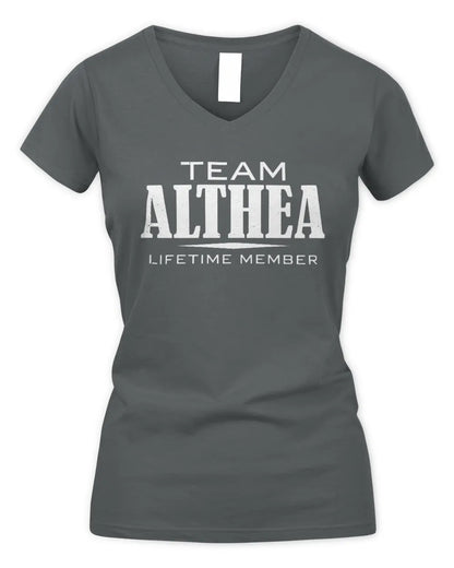 ALTHEA BL62-K4-128 - Personalized “Team NAME Lifetime Member” - Women's V-Neck T-Shirt - Charcoal