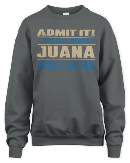 JUANA TP68-K2-968 – Personalized Funny Quote Apparel “The World Without NAME Would Be Boring” - Unisex Sweatshirt - Charcoal