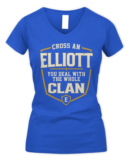 ELLIOTT NT1-K008 Cross A/An NAME, You Deal With the Whole Clan | Personalized Vintage T-Shirt - Women's V-Neck T-Shirt - Royal