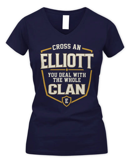 ELLIOTT NT1-K008 Cross A/An NAME, You Deal With the Whole Clan | Personalized Vintage T-Shirt - Women's V-Neck T-Shirt - Navy