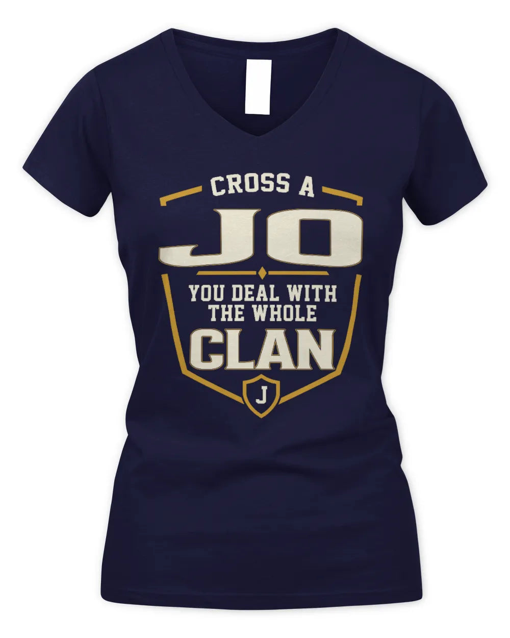 JO NT1-K008 Cross A/An NAME, You Deal With the Whole Clan | Personalized Vintage T-Shirt - Women's V-Neck T-Shirt - Navy