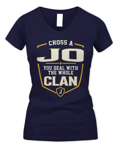 JO NT1-K008 Cross A/An NAME, You Deal With the Whole Clan | Personalized Vintage T-Shirt - Women's V-Neck T-Shirt - Navy