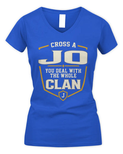 JO NT1-K008 Cross A/An NAME, You Deal With the Whole Clan | Personalized Vintage T-Shirt - Women's V-Neck T-Shirt - Royal