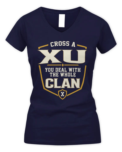 XU NT1-K008 Cross A/An NAME, You Deal With the Whole Clan | Personalized Vintage T-Shirt - Women's V-Neck T-Shirt - Navy