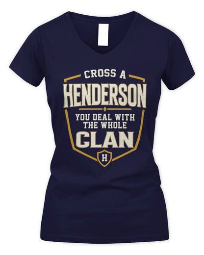 HENDERSON NT1-K008 Cross A/An NAME, You Deal With the Whole Clan | Personalized Vintage T-Shirt - Women's V-Neck T-Shirt - Navy