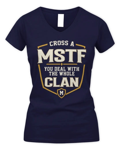 MSTF NT1-K008 Cross A/An NAME, You Deal With the Whole Clan | Personalized Vintage T-Shirt - Women's V-Neck T-Shirt - Navy