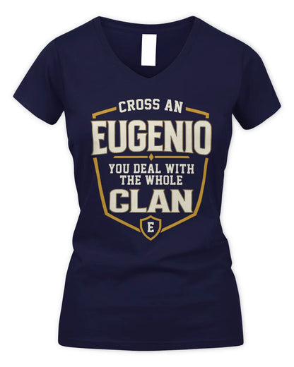 EUGENIO NT1-K008 Cross A/An NAME, You Deal With the Whole Clan | Personalized Vintage T-Shirt - Women's V-Neck T-Shirt - Navy