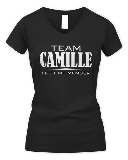 CAMILLE BL62-K4-128 - Personalized “Team NAME Lifetime Member” - Women's V-Neck T-Shirt - Black