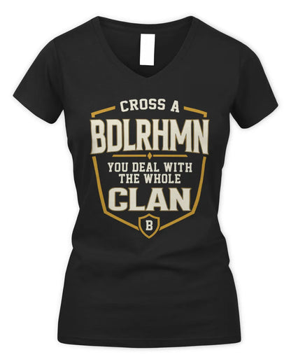 BDLRHMN NT1-K008 Cross A/An NAME, You Deal With the Whole Clan | Personalized Vintage T-Shirt - Women's V-Neck T-Shirt - Black