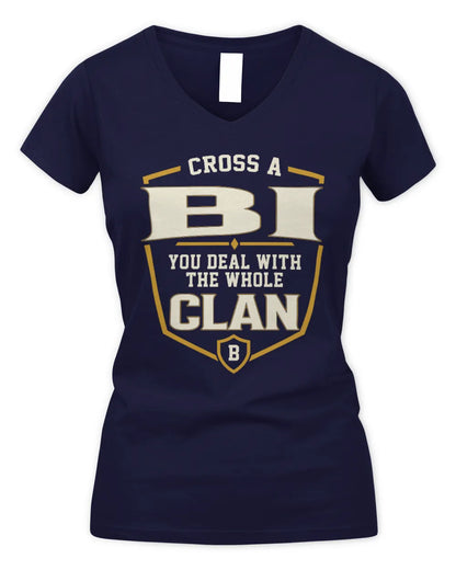 BI NT1-K008 Cross A/An NAME, You Deal With the Whole Clan | Personalized Vintage T-Shirt - Women's V-Neck T-Shirt - Navy