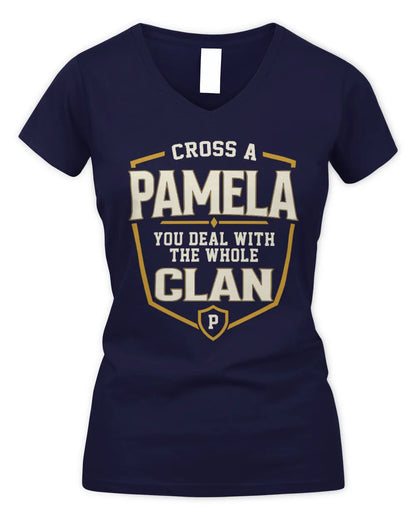 PAMELA NT1-K008 Cross A/An NAME, You Deal With the Whole Clan | Personalized Vintage T-Shirt - Women's V-Neck T-Shirt - Navy
