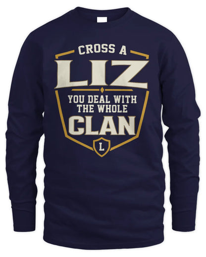 LIZ NT1-K008 Cross A/An NAME, You Deal With the Whole Clan | Personalized Vintage T-Shirt - Men's Long Sleeved T-Shirt - Navy