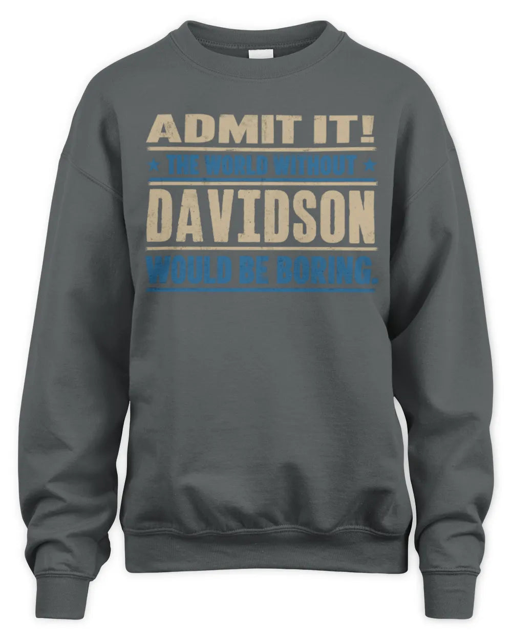 DAVIDSON TP68-K2-968 – Personalized Funny Quote Apparel “The World Without NAME Would Be Boring” - Unisex Sweatshirt - Charcoal