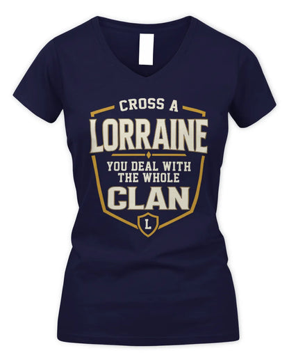 LORRAINE NT1-K008 Cross A/An NAME, You Deal With the Whole Clan | Personalized Vintage T-Shirt - Women's V-Neck T-Shirt - Navy