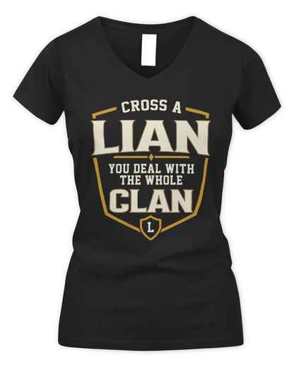 LIAN NT1-K008 Cross A/An NAME, You Deal With the Whole Clan | Personalized Vintage T-Shirt - Women's V-Neck T-Shirt - Black