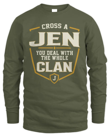JEN NT1-K008 Cross A/An NAME, You Deal With the Whole Clan | Personalized Vintage T-Shirt - Men's Long Sleeved T-Shirt - Military Green